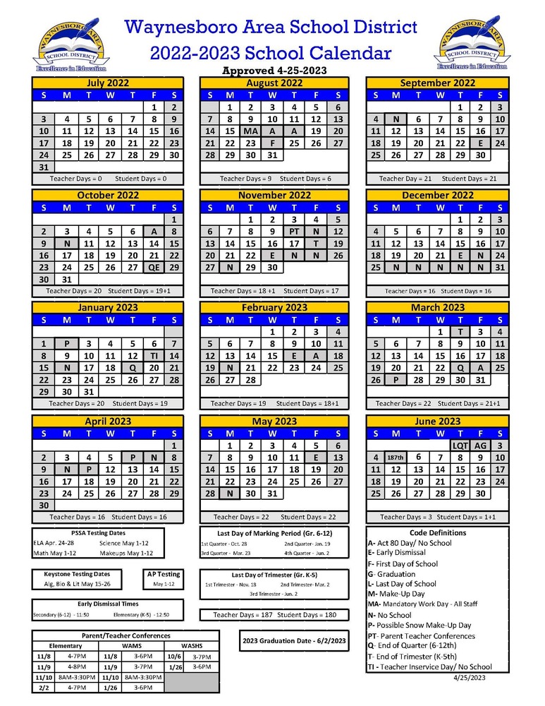 WASD Calendar 2022-2023-Update | Waynesboro Area School District