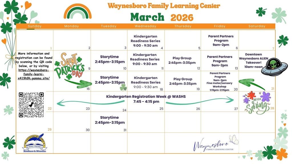 Waynesboro Family Learning Center March 2026 Calendar of events.