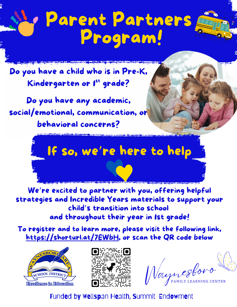Parent Partners Program! Do you have a child who is i Pre-K, Kindergarten or 1st grade? Do you have any academic, social/emotional, communication or behavioral concerns? If so,, we're here to help. We're excited to partner with you, offering helpful strategies and Incredible Years materials to support your child's transition into school and throughout their year in 1st grade! To re9ister And to leArn more. pie Ase visit the f ollowin9 link. httP-s://shorturl.At/7EWbH