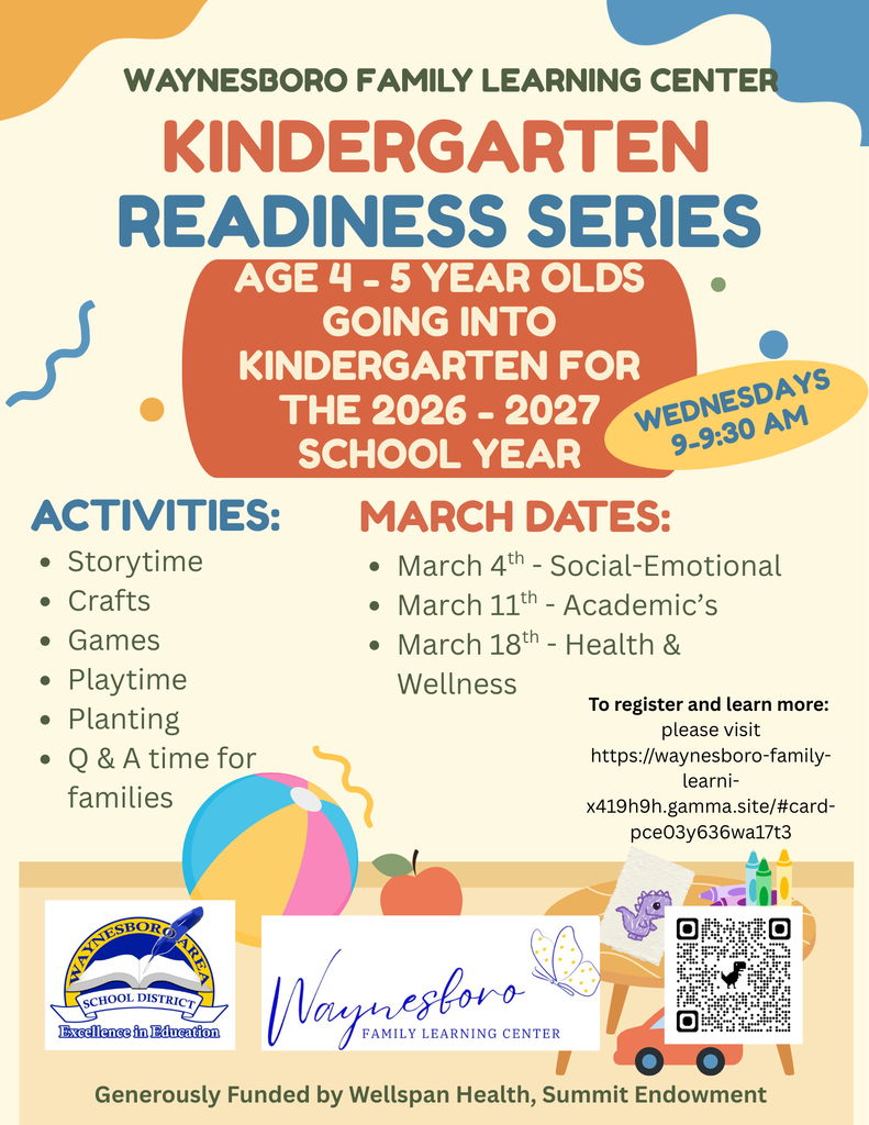WAYNESBORO F AMILV LEARNING CENTE R. KINDERGARTEN READINESS SERIES. AGe 4-5 Year Olds going• March 4th - Social-Emotional • March 11th - Academic's • March 18th - Health & Wellness To register and learn more: please visit https://waynesboro-familyÂlearni x419h9h.gamma.site/#cardÂpce03y636wa17t3