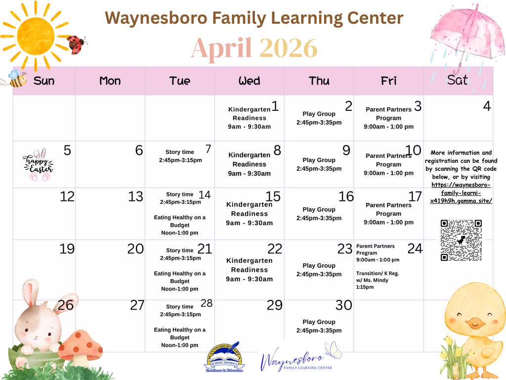 Waynesboro Early Learning Center April 2026 Calendar