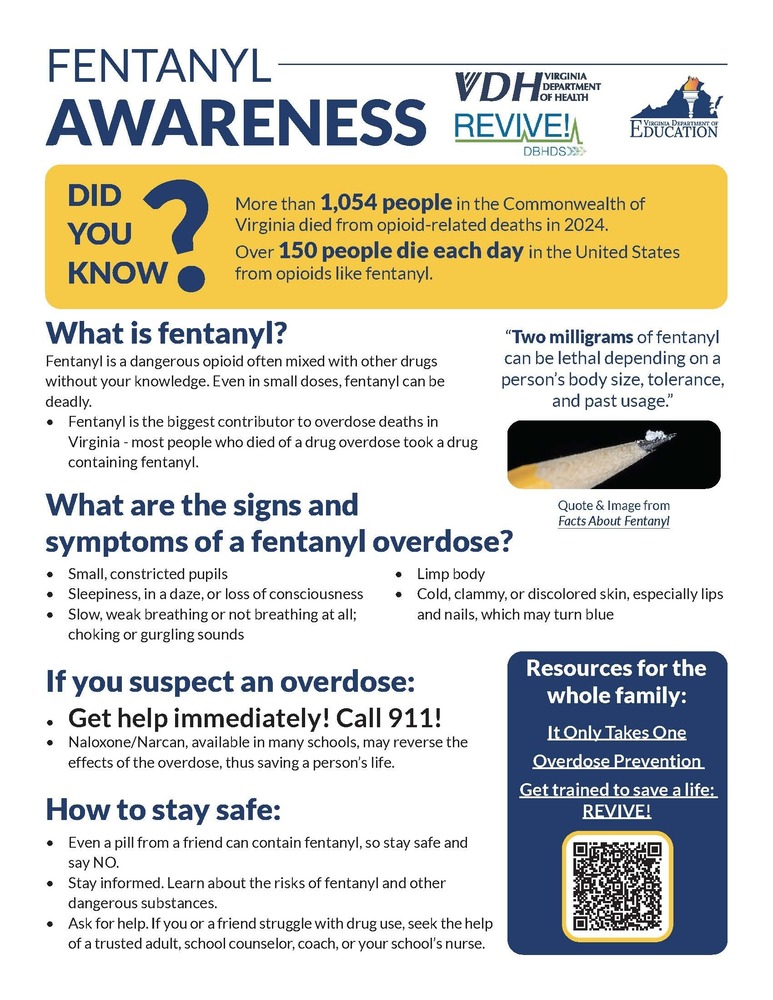 Fentanyl awareness fact sheet from the Virginia Department of Health and Virginia Department of Education. It explains that fentanyl is a dangerous opioid that may be mixed with other drugs without a person’s knowledge. Overdose signs include constricted pupils, loss of consciousness, slow or stopped breathing, choking or gurgling sounds, a limp body and cold or discolored skin. If an overdose is suspected, call 911 immediately. The fact sheet encourages students to avoid pills from friends and seek help from a trusted adult, counselor, coach or school nurse.
