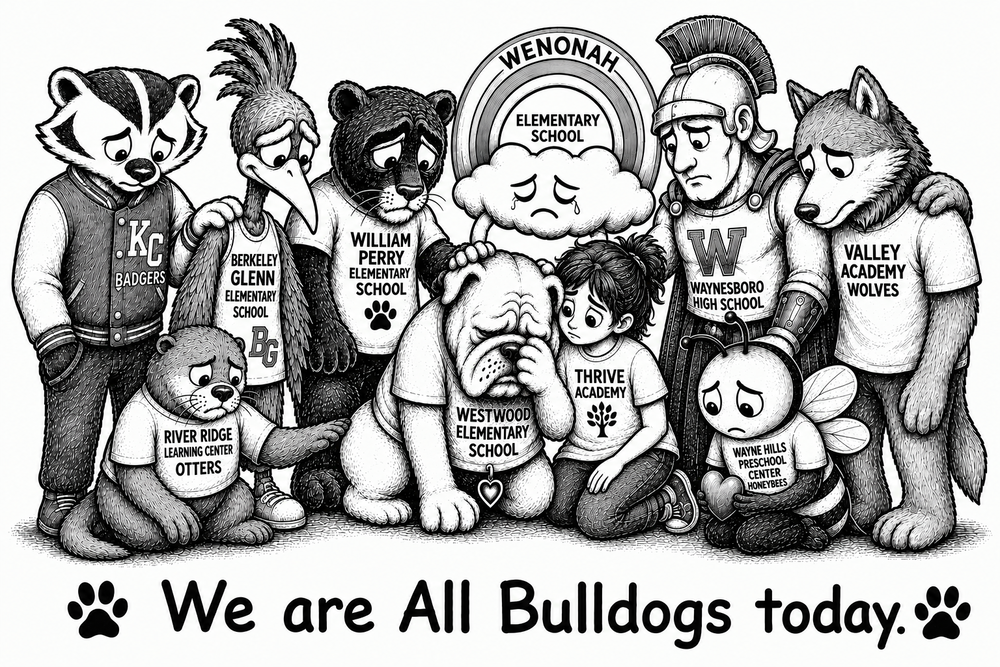 Black-and-white illustration of mascots representing Waynesboro Public Schools gathered together in a somber, supportive scene. The mascots, including representatives from KCMS, Berkeley Glenn, William Perry, Wenonah, Westwood, Waynesboro High School, Valley Academy, River Ridge Learning Center, Thrive Academy and Wayne Hills Preschool Center, appear sad and comfort one another. At the bottom, bold text reads, “We are All Bulldogs today.”