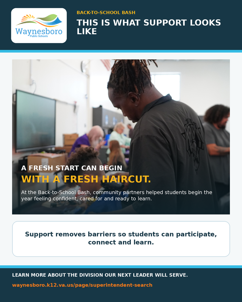 Photograph of a community partner giving a student a haircut at the WPS Back-to-School Bash. Text reads, A fresh start can begin with a fresh haircut, and explains that support removes barriers so students can learn.