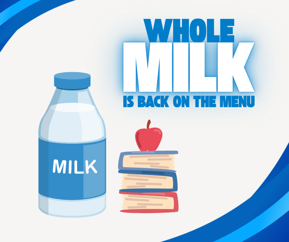 Illustration of a milk bottle beside a stack of books topped with a red apple. Large text reads, “Whole milk is back on the menu,” against a white background with curved blue accents.