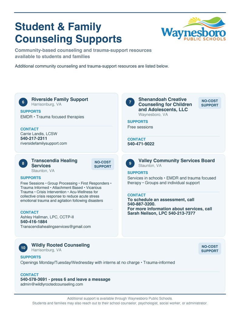 Second Waynesboro Public Schools graphic listing additional counseling and trauma-support resources: Riverside Family Support, Harrisonburg: EMDR and trauma-focused therapies. Contact Carrie Landis at 540-217-2311 or visit riversidefamilysupport.com. Shenandoah Creative Counseling for Children and Adolescents LLC, Waynesboro: Free sessions. Call 540-471-9022. Transcendia Healing Services, Staunton: Free sessions, group processing, first-responder support, trauma-informed and attachment-based care, vicarious trauma support, crisis intervention and collective crisis-response services. Contact Ashley Hallman at 540-416-1884 or transcendiahealingservices@gmail.com. Valley Community Services Board, Staunton: School-based services, EMDR, trauma-focused therapy, group support and individual support. To schedule an assessment, call 540-887-3200. For service information, call Sarah Neilson at 540-213-7377. Wildly Rooted Counseling, Harrisonburg: No-cost openings with interns Monday through Wednesday and trauma-informed support. Call 540-578-3691, press 6 and leave a message, or email admin@wildlyrootedcounseling.com. Additional support is available through Waynesboro Public Schools. Students and families may contact their school counselor, psychologist, social worker or administrator.