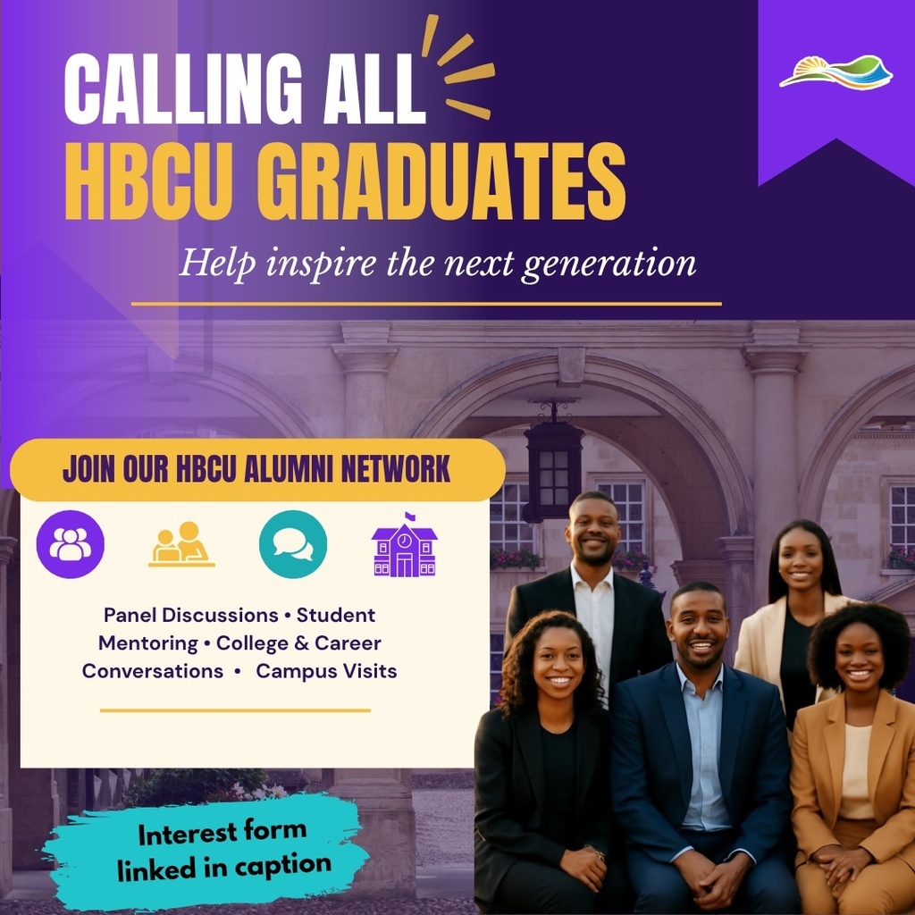 Purple-and-gold graphic featuring five Black professionals posed together on a college campus. Text reads: “Calling All HBCU Graduates—Help inspire the next generation.” Waynesboro Public Schools is inviting graduates to join its HBCU Alumni Network and support panel discussions, student mentoring, college and career conversations, and campus visits. No WPS affiliation is required. The interest form is linked in the post caption.