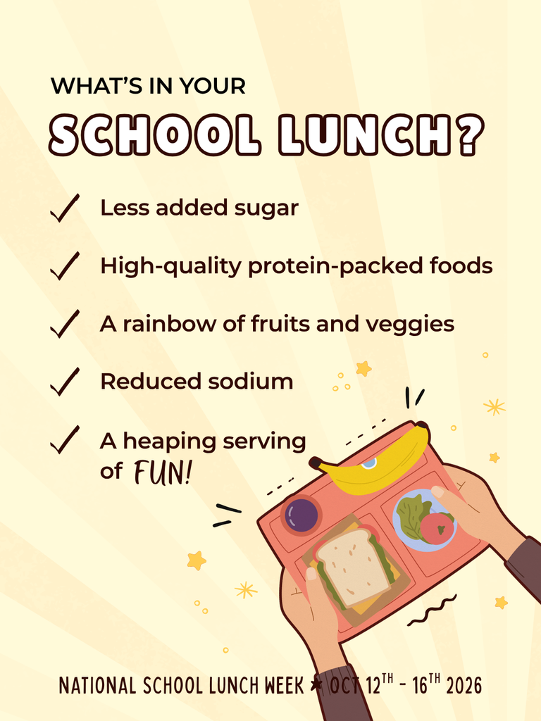 Graphic for National School Lunch Week with the heading “What’s in your school lunch?” and a checklist: less added sugar, high-quality protein-packed foods, a rainbow of fruits and veggies, reduced sodium, and a heaping serving of fun. Illustration shows hands holding a lunch tray with a sandwich, banana, fruit, and vegetables. Text at the bottom reads: “National School Lunch Week, Oct. 12–16, 2026.”