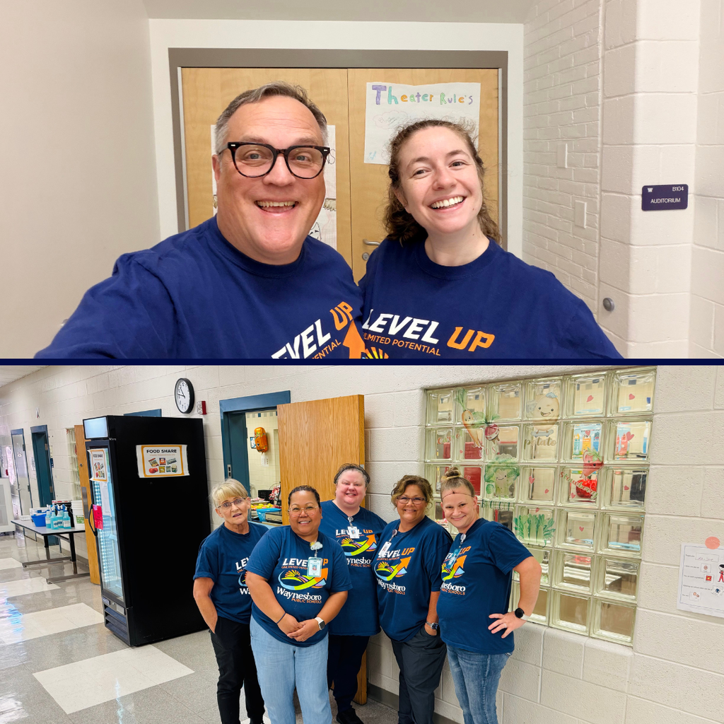 Waynesboro Public Schools staff members proudly wear their WPS Level Up shirts as part of Level Up Friday, a division-wide opportunity to celebrate school spirit, unity, and WPS pride.