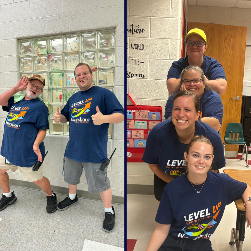 Waynesboro Public Schools staff members proudly wear their WPS Level Up shirts as part of Level Up Friday, a division-wide opportunity to celebrate school spirit, unity, and WPS pride.