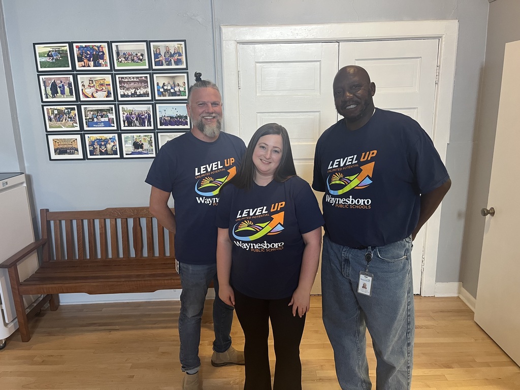 Waynesboro Public Schools staff members proudly wear their WPS Level Up shirts as part of Level Up Friday, a division-wide opportunity to celebrate school spirit, unity, and WPS pride.