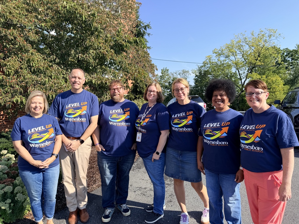 Waynesboro Public Schools staff members proudly wear their WPS Level Up shirts as part of Level Up Friday, a division-wide opportunity to celebrate school spirit, unity, and WPS pride.