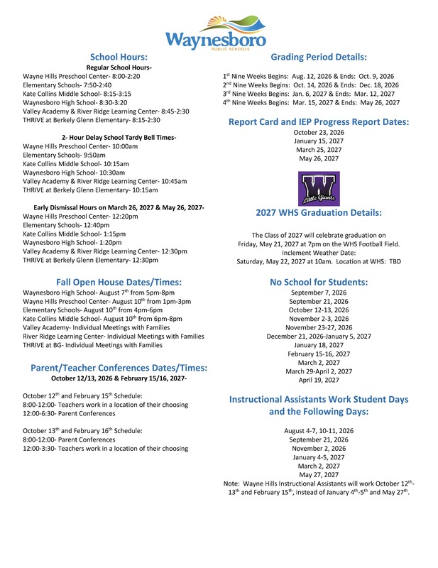 Back of Calendar for 2026-2027