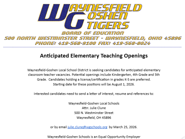 Elementary Teaching Openings 