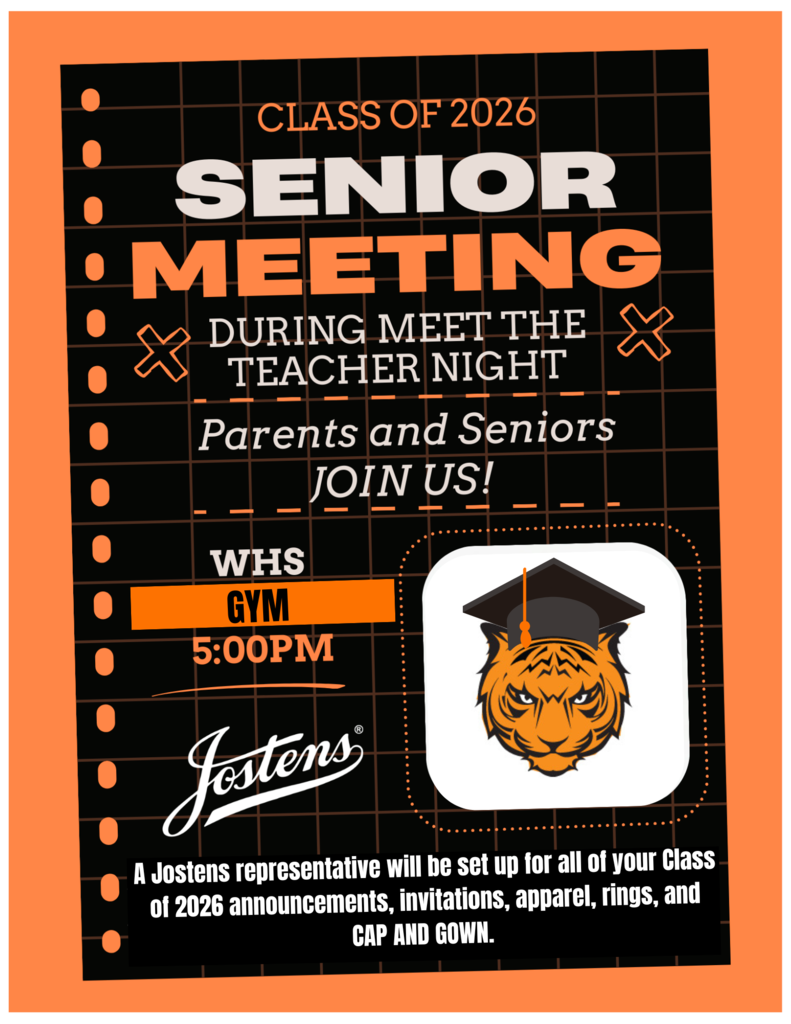 A senior class meeting for parents and students of the Class of 2026 will be held at 5 p.m. on Wednesday, Aug. 13, 2025, in the gym at Waynesville High School. A Jostens representative will be set up for all of your Class of 2026 announcements, invitations, apparel, rings, and CAP AND GOWN.