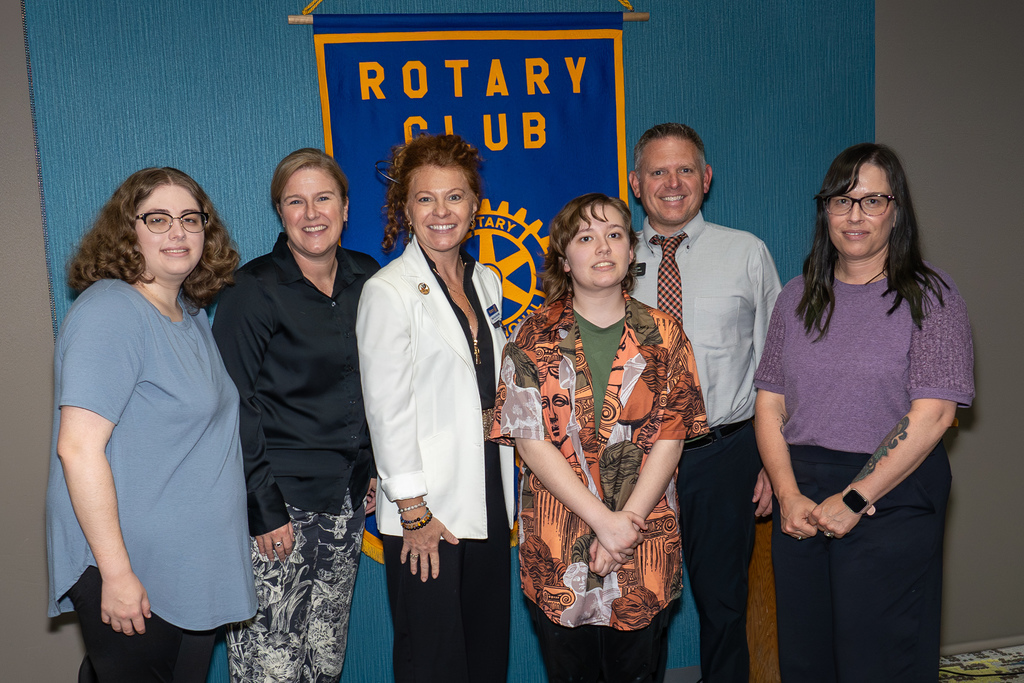 Pictured are Morgan Storie, sister of the recipient; Courtney Long, executive director of secondary instruction at Waynesville R-VI; Rotary President Ursula Lebioda; Sloan Storie, student of the month recipient; WHS Principal Brian Vernon; and Tammy Storie, mother of the recipient.