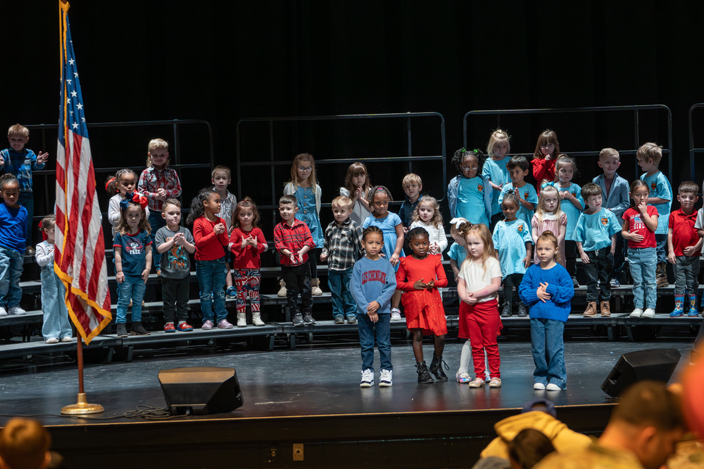 Preschool students perform a Veterans Day Program on Nov 3, 2025