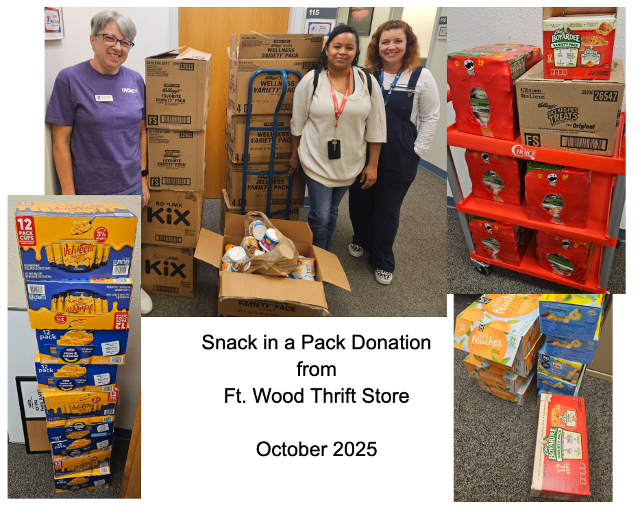 Fort Wood Thrift Store donates food to Snack in a Pack     The Fort Leonard Wood Thrift Shop recently donated food items valued at $433.40 (based on weight) to help Snack in a Pack, which provides supplemental food items to Waynesville R-VI students who might otherwise go hungry over weekends and holidays.     About Snack in a Pack  Snack in a Pack (SIAP) is a 100% donation-driven program that relies on the generosity of its partners, donors and community volunteers to continue its mission to feed hungry children and improve educational success.     Making a donation:  ·      Food donations may be dropped off at Pick Educational and Volunteer Center or at the Administration Building in Waynesville.  o   Much needed items include:  §  canned chicken  §  canned tuna  §  canned ravioli and other pastas  §  peanut butter.   ·      Individuals may purchase items directly on Snack in a Pack’s Amazon Wishlist at https://www.amazon.com/hz/wishlist/ls/LHIMQ7EWYF88?ref_=wl_share  ·      Monetary donations may be made online through MySchoolBucks at https://www.myschoolbucks.com/ver2/stores/catalog/getproduct?productKey=ZZJNGFJ7X20WNYU&OPTZZJNGFJ7X20WNYU=ZZJNGFJ7XH0WSFK  ·      Monetary donations also may be mailed to:  Snack in a Pack  Community Resource Office  Pick Educational and Volunteer Center  12751 Pulaski Ave.  Fort Leonard Wood, MO 65473