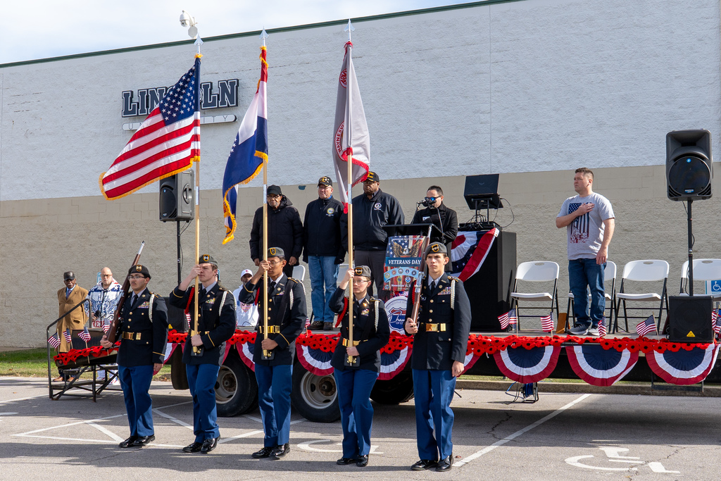 Waynesville’s JROTC Battalion and the Waynesville High School Tiger Pride Marching Band participated in the Veterans Parade hosted by the Waynesville-St. Robert Chamber of Commerce on Nov. 11, 2025, in St. Robert, Mo. In addition, JROTC provided the Color Guard for the Veterans Day Ceremony and led the parade. 