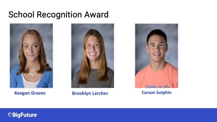 10 WHS students earn National awards Eight current Waynesville High School students and two former students have been awarded national recognition from the CollegeBoard BigFuture Program for their high performance on AP tests and/or the PSAT as 10th and 11th graders. The current students received the following awards based on their exceptional achievements: School Recognition Award: Serina Chen, Vung Ciin and Kaden Crone, Keegan Graves, Brooklyn Lercher and Carson Sutphin Rural and Small-Town Recognition Award: Kaden Crone, Brooklyn Lercher and Carson Sutphin First Generation Recognition Award: Brionna Ash, Vung Ciin and Kalee Rhoades Two former WHS students were also named: · Alexis Good-Rural and Small-Town Recognition Award and School Recognition Award · Andre Morse-School Recognition Award Students are eligible for awards by: · scoring in the top 10% of PSAT/NMSQT test takers in their high school, state's first generation test takers and/or state's rural and small town test takers OR earning a 3 or higher on two or more distinct AP exams in the 8th, 9th and/or 10th grade. · earning a cumulative grade point average of at least 3.3 or higher