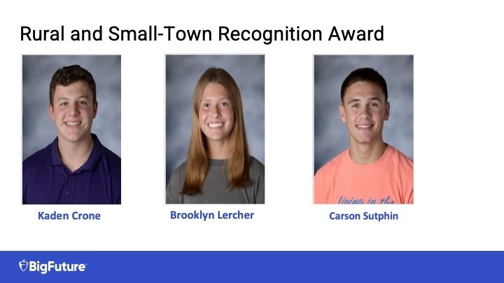 10 WHS students earn National awards Eight current Waynesville High School students and two former students have been awarded national recognition from the CollegeBoard BigFuture Program for their high performance on AP tests and/or the PSAT as 10th and 11th graders. The current students received the following awards based on their exceptional achievements: School Recognition Award: Serina Chen, Vung Ciin and Kaden Crone, Keegan Graves, Brooklyn Lercher and Carson Sutphin Rural and Small-Town Recognition Award: Kaden Crone, Brooklyn Lercher and Carson Sutphin First Generation Recognition Award: Brionna Ash, Vung Ciin and Kalee Rhoades Two former WHS students were also named: · Alexis Good-Rural and Small-Town Recognition Award and School Recognition Award · Andre Morse-School Recognition Award Students are eligible for awards by: · scoring in the top 10% of PSAT/NMSQT test takers in their high school, state's first generation test takers and/or state's rural and small town test takers OR earning a 3 or higher on two or more distinct AP exams in the 8th, 9th and/or 10th grade. · earning a cumulative grade point average of at least 3.3 or higher