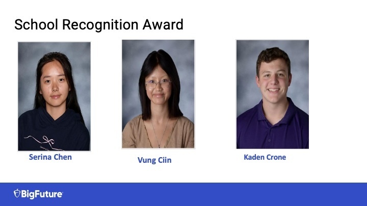 10 WHS students earn National awards Eight current Waynesville High School students and two former students have been awarded national recognition from the CollegeBoard BigFuture Program for their high performance on AP tests and/or the PSAT as 10th and 11th graders. The current students received the following awards based on their exceptional achievements: School Recognition Award: Serina Chen, Vung Ciin and Kaden Crone, Keegan Graves, Brooklyn Lercher and Carson Sutphin Rural and Small-Town Recognition Award: Kaden Crone, Brooklyn Lercher and Carson Sutphin First Generation Recognition Award: Brionna Ash, Vung Ciin and Kalee Rhoades Two former WHS students were also named: · Alexis Good-Rural and Small-Town Recognition Award and School Recognition Award · Andre Morse-School Recognition Award Students are eligible for awards by: · scoring in the top 10% of PSAT/NMSQT test takers in their high school, state's first generation test takers and/or state's rural and small town test takers OR earning a 3 or higher on two or more distinct AP exams in the 8th, 9th and/or 10th grade. · earning a cumulative grade point average of at least 3.3 or higher