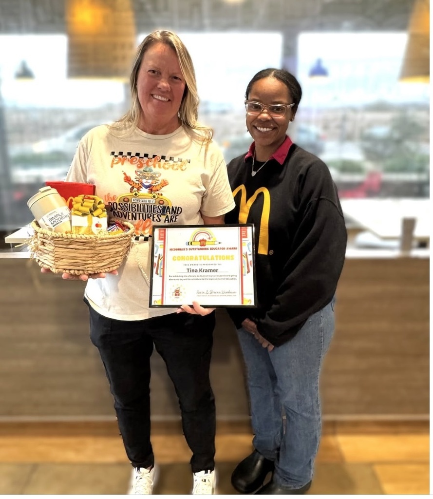 Tina Kramer, a teacher at Williams Early Childhood Center, has been selected as a 2025 McDonald’s Outstanding Educator. Kramer was selected as one of the most outstanding educators in our area from more than 480 nominations from local community members, parents and fellow educators. Her nominator said, “Tina has spent years making a profound difference in the lives of her students, particularly those on the autism spectrum. As an educator, she creates a welcoming and supportive environment where children learn to love school, feel understood and gain confidence in themselves. Through her patience, expertise and unwavering dedication, she helps many students develop essential communication and social skills that once felt out of reach. Her influence extends far beyond the classroom, touching families and shaping futures. There is truly no teacher in the district more deserving of recognition than Tina.” As part of this recognition, Kramer received a certificate and a Visa gift card in honor of her dedication and excellence in education from local St Robert McDonald's Department Manager Ulissa.