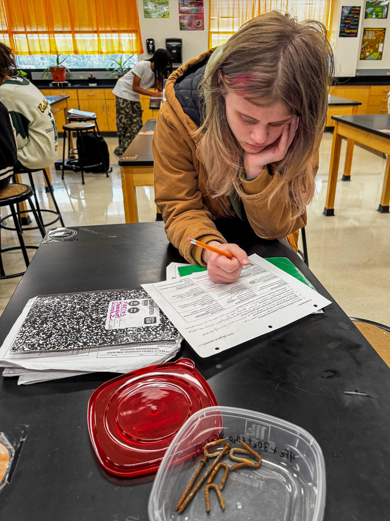 To review their learning standards, 8th graders rotated through stations, tackling questions that pushed them to sort and classify items like true scientists in Kelly Jackson’s science class at Waynesville Middle School. Stations were filled with everyday items—an aluminum cube, an empty can, rusty metal, baking soda, fruit, gelatin, cereal, pasta and beans, sand, sugar water, melted crayons, and even air trapped in a balloon. At each stop, they answered questions such as: · Is it a metal, substance or mixture? How do you know? · Is it heterogeneous or homogeneous? · Is it an element or compound? · What variations make this easily categorized? · How is a colloid different from a suspension? This hands-on learning turned simple objects into a real-world learning experience.