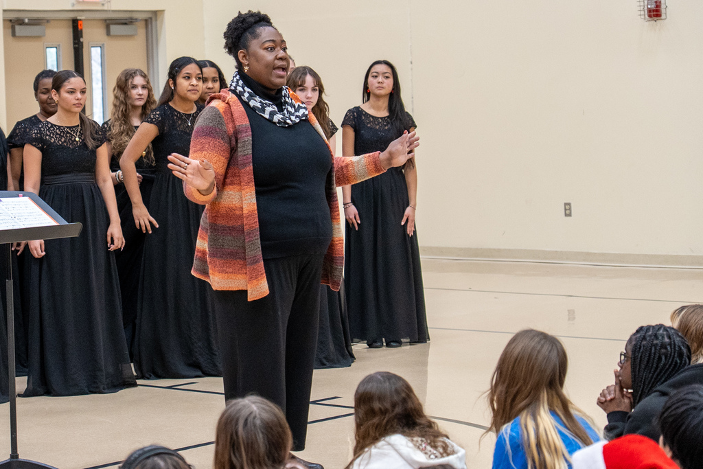 The Waynesville High School Chamber Choir performed holiday tunes before an audience of students at the Waynesville Sixth Grade Center on Dec. 12, 2025. 