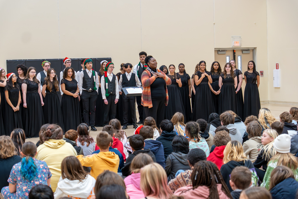 The Waynesville High School Chamber Choir performed holiday tunes before an audience of students at the Waynesville Sixth Grade Center on Dec. 12, 2025. 