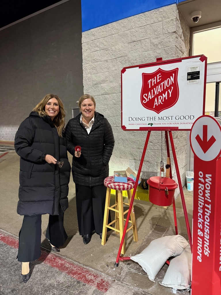 Waynesville R-VI Superintendent Hilary Bales and Courtney Long, executive director of secondary instruction at Waynesville R-VI, volunteered with Rotary President Ursula Lebioda to ring the bell for the Salvation Army on Dec. 10, 2025, at Walmart. They represented the Rotary Club of Pulaski County. 