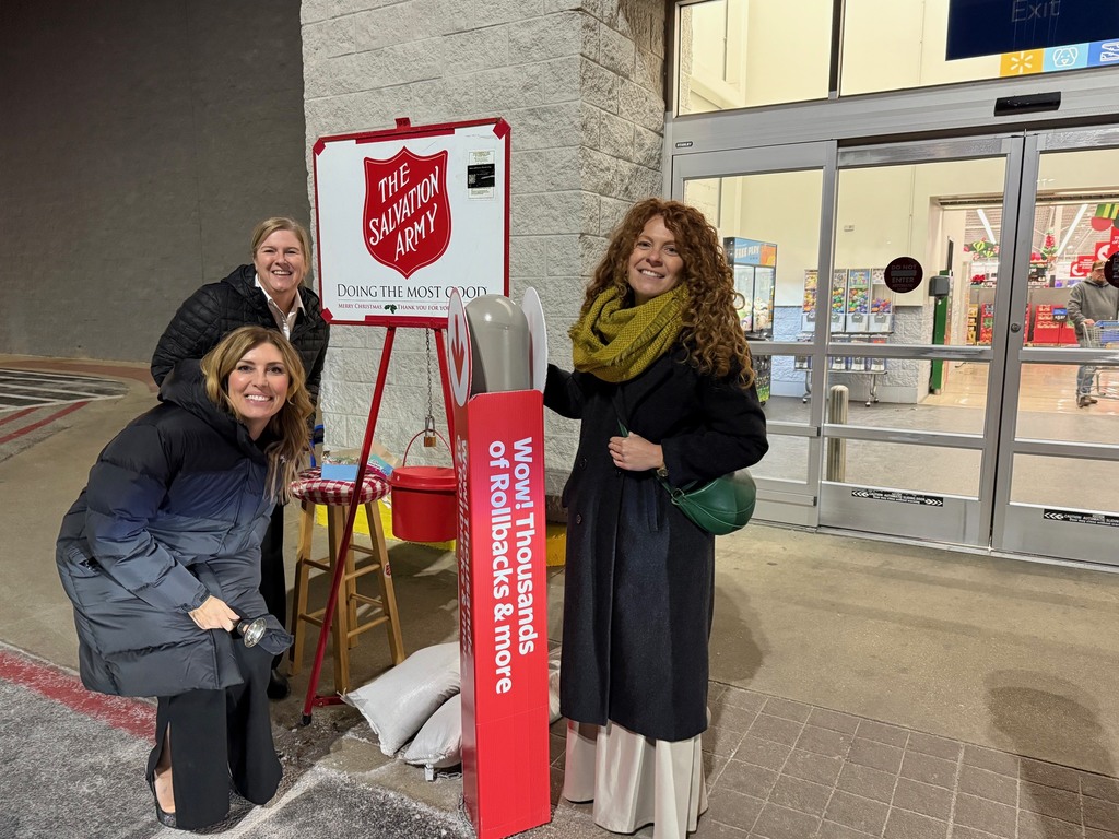 Waynesville R-VI Superintendent Hilary Bales and Courtney Long, executive director of secondary instruction at Waynesville R-VI, volunteered with Rotary President Ursula Lebioda to ring the bell for the Salvation Army on Dec. 10, 2025, at Walmart. They represented the Rotary Club of Pulaski County. 