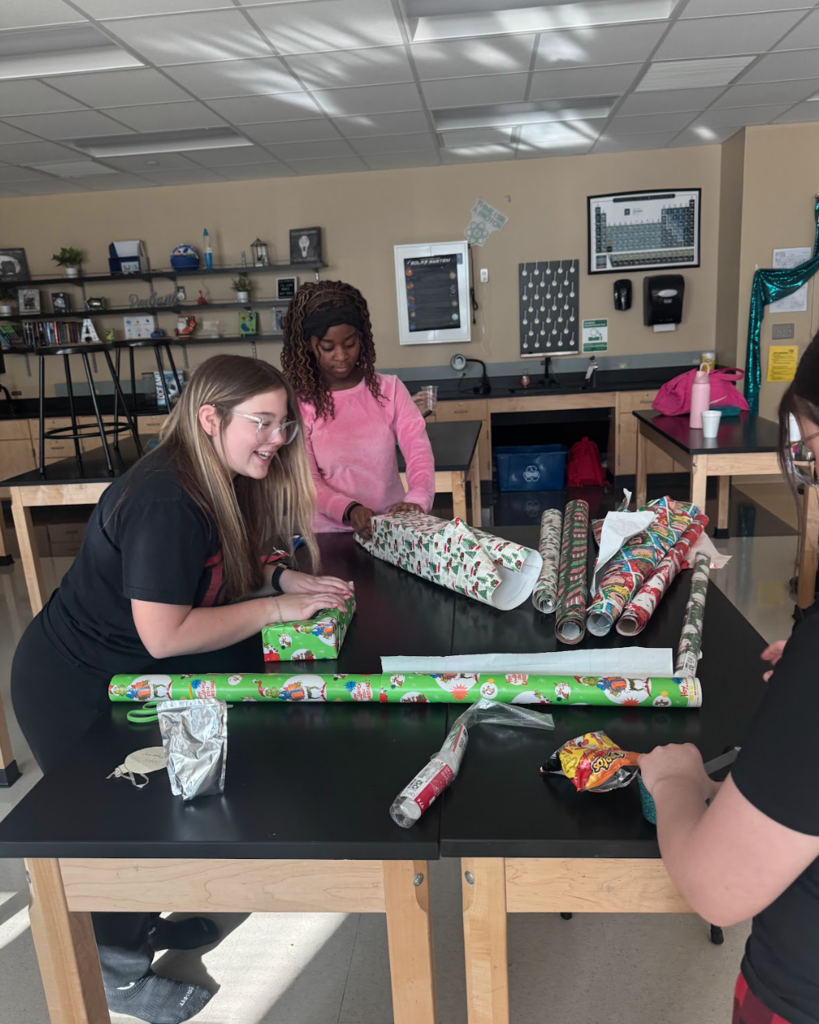 Before the holiday break, Waynesville Middle School Student Council members assisted with organizing and decorating a giving tree, fundraising for gifts, shopping for their peers and wrapping the presents. They helped make the holidays a little brighter for 17 of their peers.