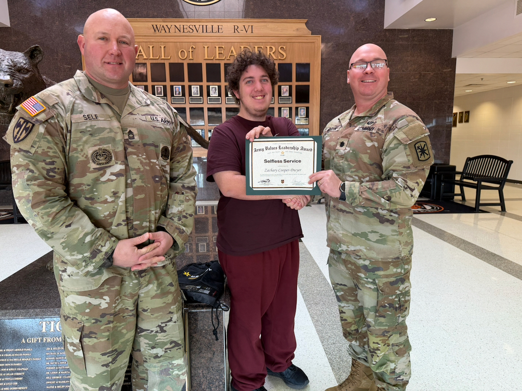 Cooper-Dwyer recognized for representing the word “selfless service” Zachary Cooper-Dwyer, a senior at Waynesville High School, received the Fort Leonard Wood Leadership Award for November 2025 on Wednesday, Jan. 21, 2026. His nominator said, “Zachary consistently demonstrates a remarkable willingness to put the needs of others before his own, embodying true selflessness and humility. Whether supporting classmates, volunteering his time, or stepping in when help is needed, he acts not for recognition or praise, but out of a genuine desire to contribute to the greater good. His actions reflect maturity and integrity, as he quietly leads by example and shows that true character is revealed in the moments when no reward is expected. Through his kindness and sacrifice, he fosters a stronger, more supportive community around him.” Sgt. 1st Class Jonathan Self, 787th Military Police Battalion Operations noncommissioned officer, and Lt. Col. Steven Martin, 787th Military police Battalion commander, recognized Cooper-Dwyer for representing the word selfless service, one of the seven Army values. The seven Army values are loyalty, duty, respect, selfless service, honor, integrity and personal courage.
