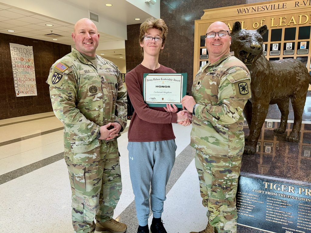 Heighton receives FLW Leadership Award Zacheriah Heighton, a senior at Waynesville High School, received the Fort Leonard Wood Leadership Award for January 2026 on Wednesday, Jan. 21, 2026. His nominator said that Heighton shows respect for himself and others. “Despite any challenges he has the courage to stand up for himself, his peers and what is right and honorable. It is admirable how Zacheriah demonstrates respect and courage in all he does each and every day.” Sgt. 1st Class Jonathan Self, 787th Military Police Battalion Operations noncommissioned officer, and Lt. Col. Steven Martin, 787th Military police Battalion commander, recognized Heighton for representing the word honor, one of the seven Army values. The seven Army values are loyalty, duty, respect, selfless service, honor, integrity and personal courage.