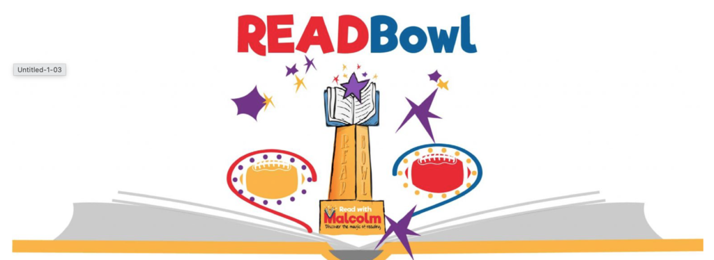 READBowl logo that contains footballs, a trophy, a book and stars