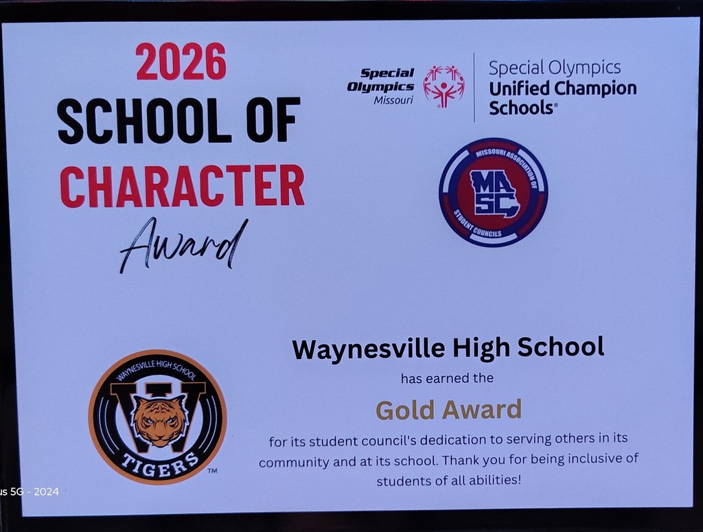 Certificate showing WHS winning Gold Award as School of Character