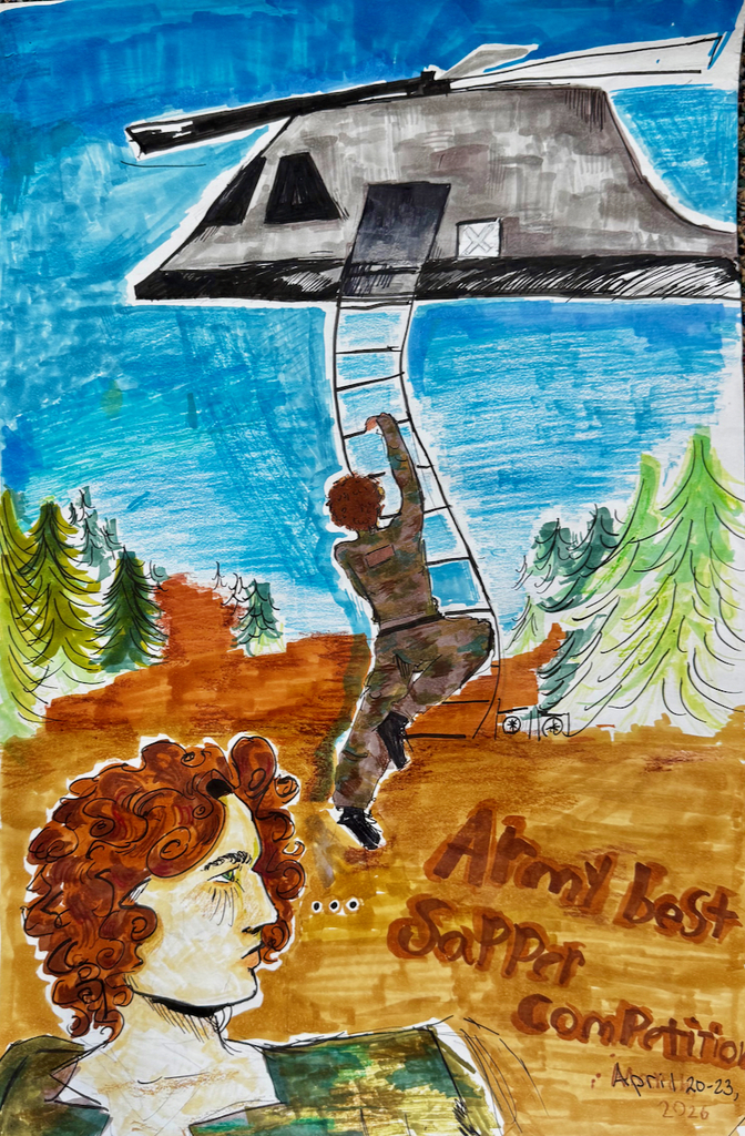 Waynesville Middle School artwork Sapper showing Sapper climbing into helicopter