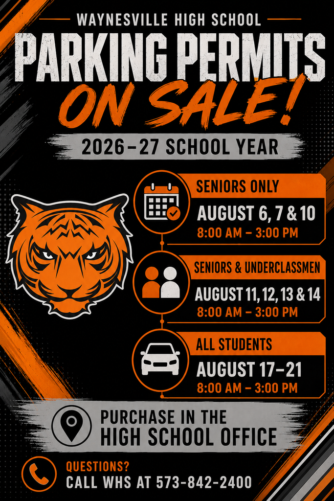 Waynesville High School parking permits will go on sale for seniors on Aug. 6, 7 and 10, 2026.   Seniors and underclassmen may purchase parking permits Aug. 11, 12, 13 and 14, and again from Aug. 17 to 21.   Parking passes at WHS are $5 each. 