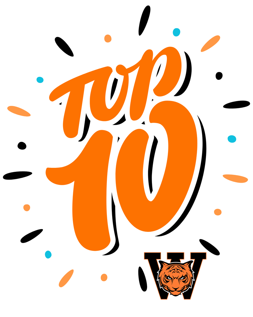 orange black graphic with the words Top 10 and the Waynesville Tiger Logo