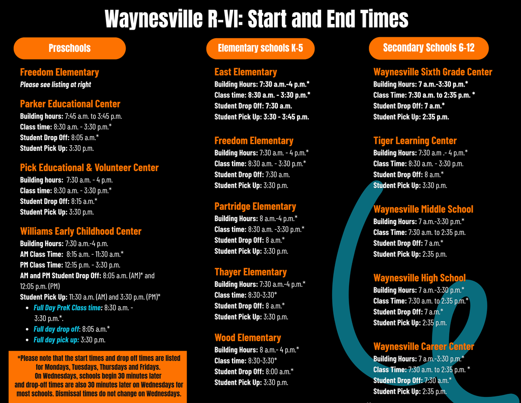 Black, white and orange graphic that states starting and ending times for schools. The text is listed separately. 