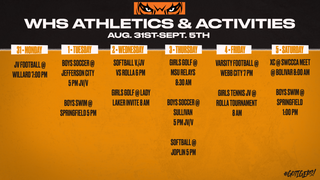Orange/Black/White Graphic with week's activities. These items also located @ https://www.waynesville.k12.mo.us/o/whs/events