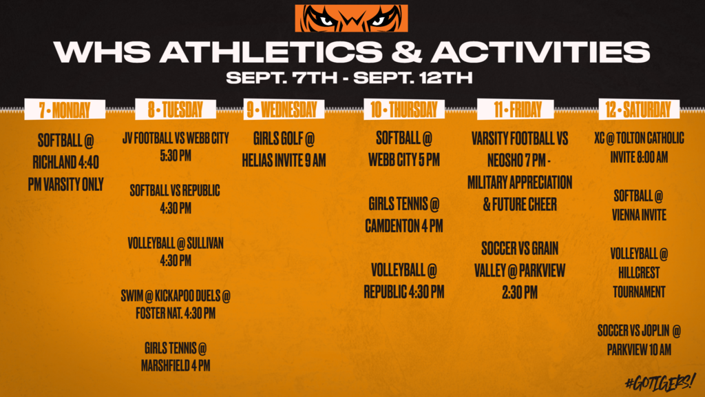 List of daily events for the week of Sept. 7th-Sept. 12th. All events can be found online at https://www.arbiterlive.com/School/Calendar/25024