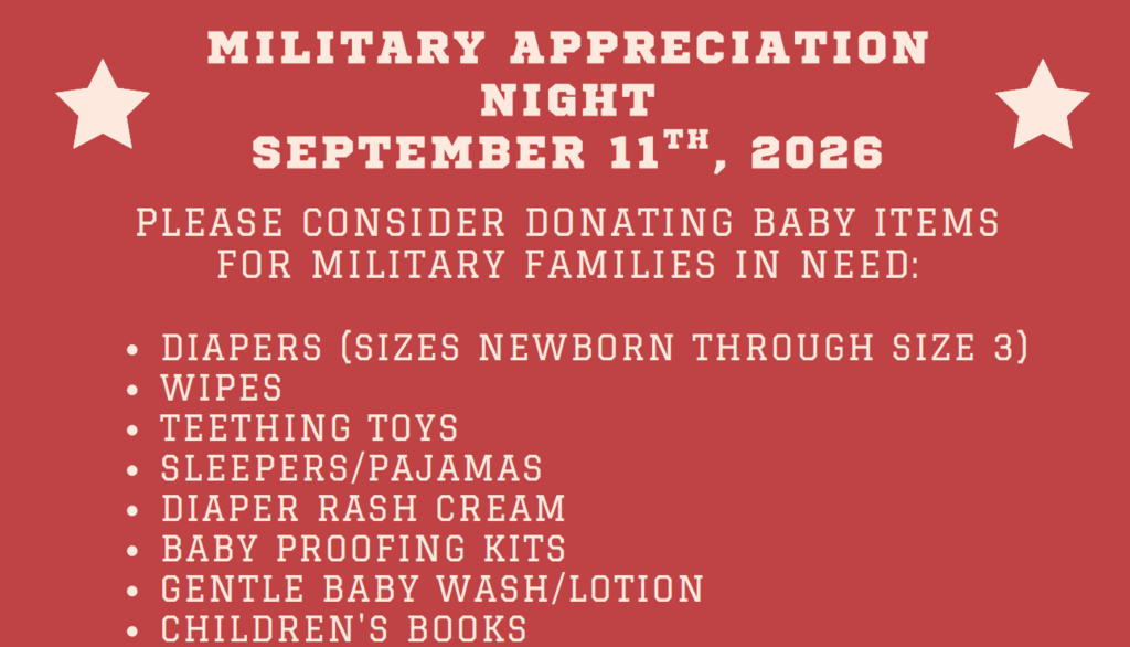 The community is invited to participate with Waynesville High School in partnering with the USO for a drive to collect baby items for military families in need. Community members may bring the items to the WHS varsity home football game on Friday (Sept. 11, 2026) at Tiger Stadium. Some of the requested items include: • Diapers (Newborn–Size 3) • Baby wipes • Teething toys • Sleepers/pajamas • Diaper rash cream • Baby-proofing kits • Gentle baby wash/lotion • Children's books The donations will help support military families part and are being held as part the Military Appreciation Night on Sept. 11, 2026.