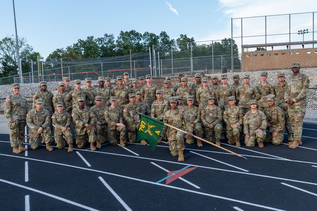 Soldiers from the 14th Military Police Brigade on the track at Tiger Stadium