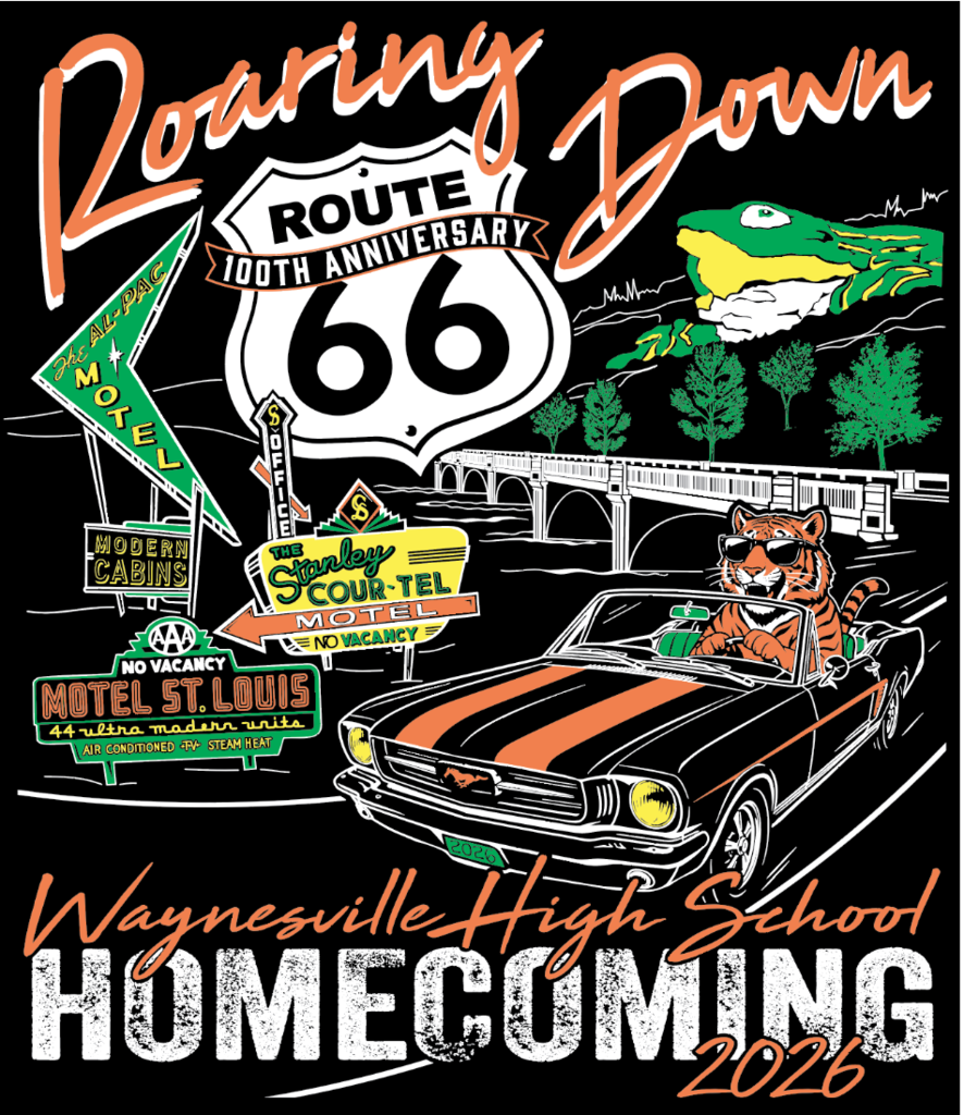 graphic for homecoming roaring down route 66. contains a car with a tiger driving it and the frog and neon signs