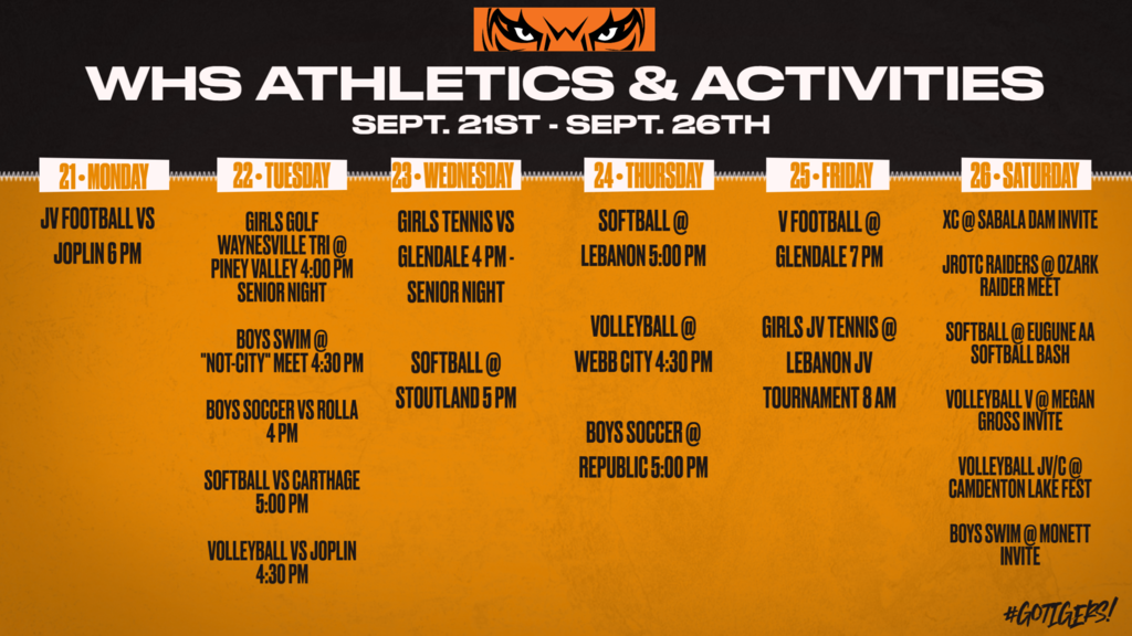 List of daily events for the week of Sept. 21ST-Sept. 26th. All events can be found online at https://www.arbiterlive.com/School/Calendar/25024