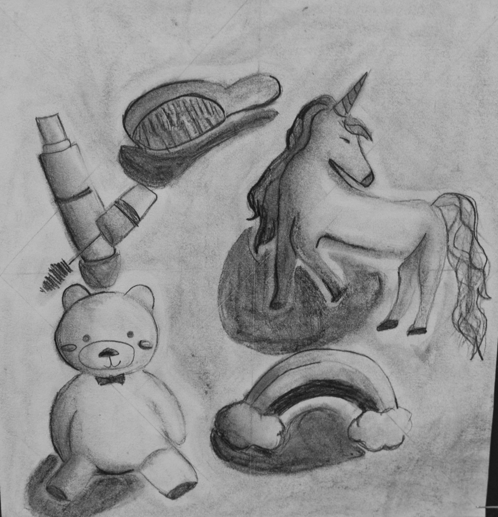 pencil drawing featured unicorn, rainbow, bear, brush and mascara