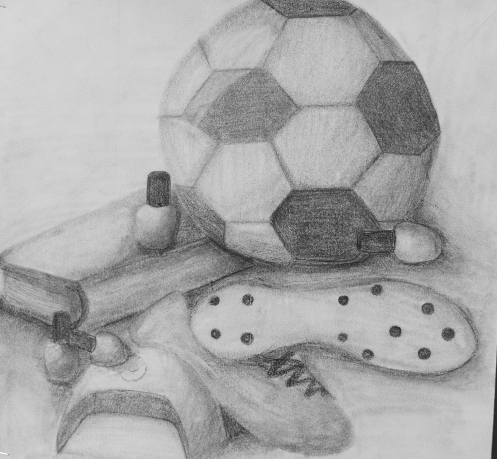 pencil drawing with soccer ball and shoes and fingernail polish