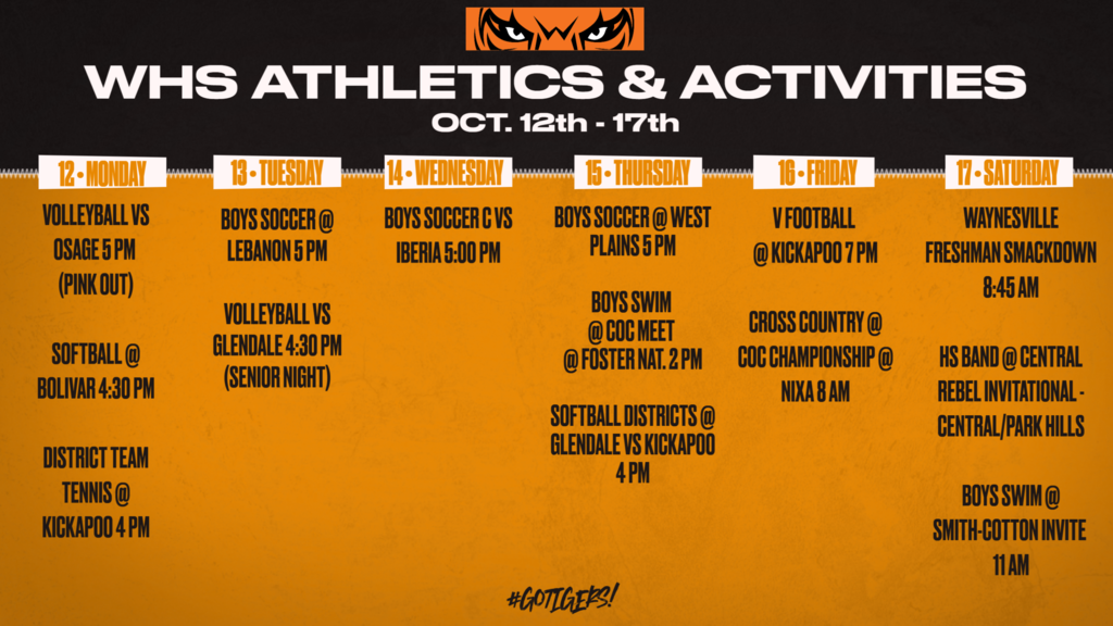 List of daily events for the week of Oct 12-17. All events can be found online at https://www.arbiterlive.com/School/Calendar/25024